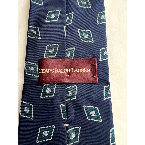Vintage Chaps Ralph Lauren Men Tie USA Made 100% Silk Geo Wide 3.75" 90s Navy E1 - Picture 2 of 9